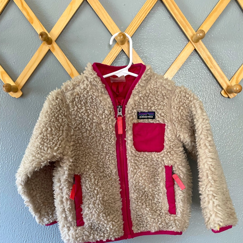 Patagonia Kids Beige Sherpa Jacket with Pink Accents